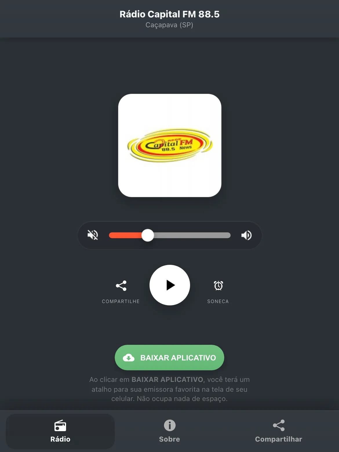 Screenshot do aplicativo da Rádio Capital FM 88.5