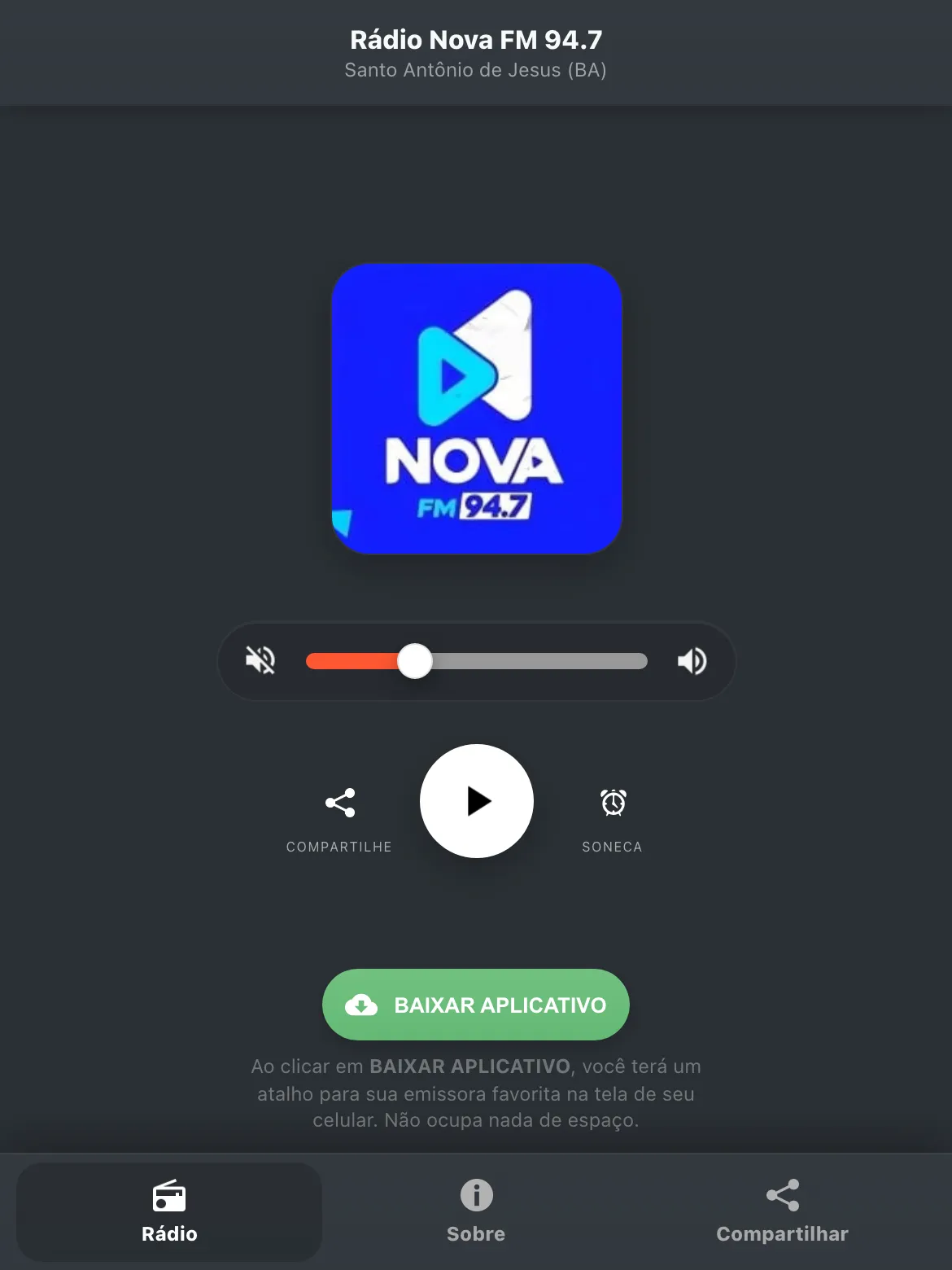 Screenshot do aplicativo da Rádio Nova FM 94.7