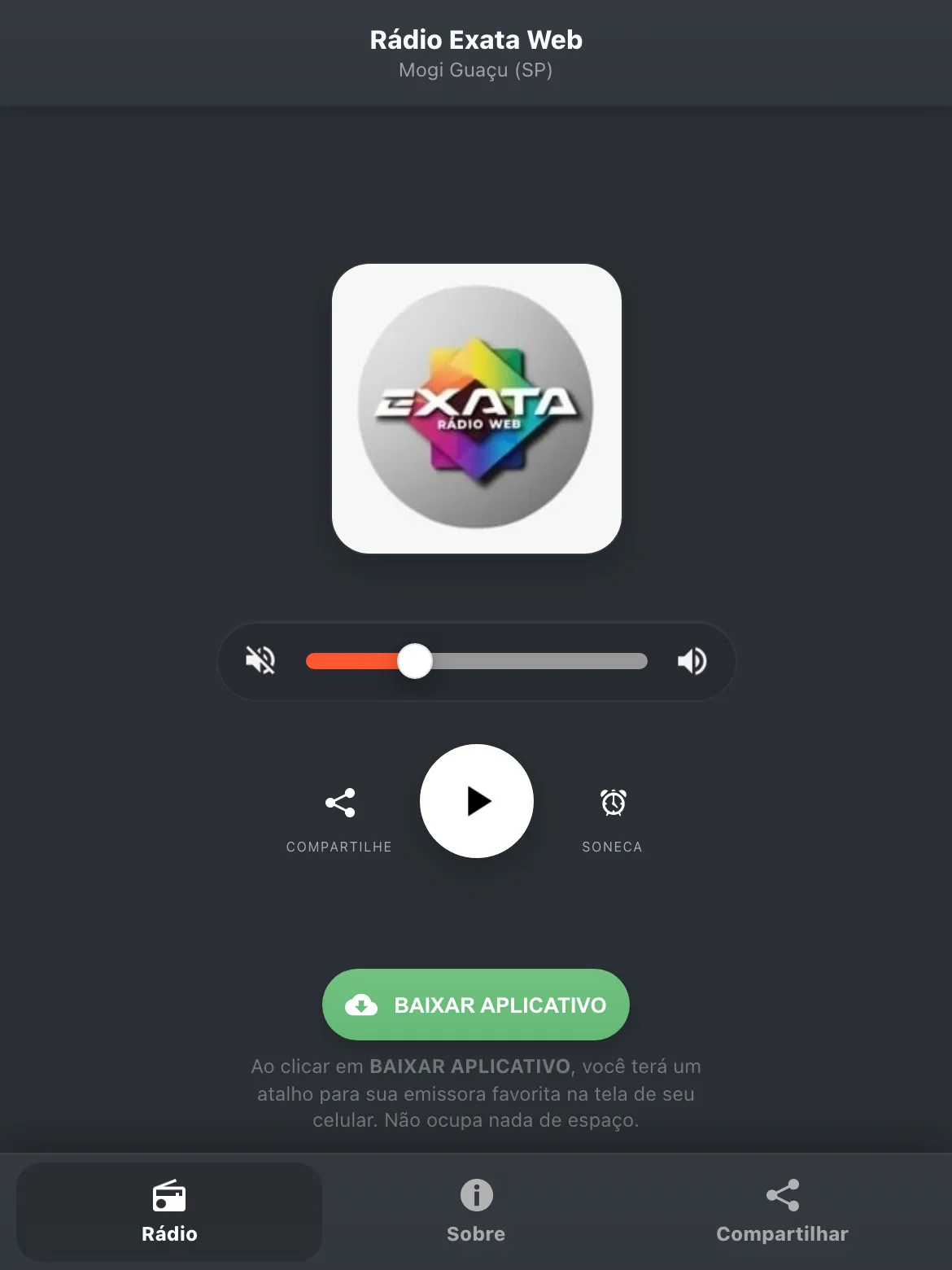 Screenshot do aplicativo da Rádio Exata Web