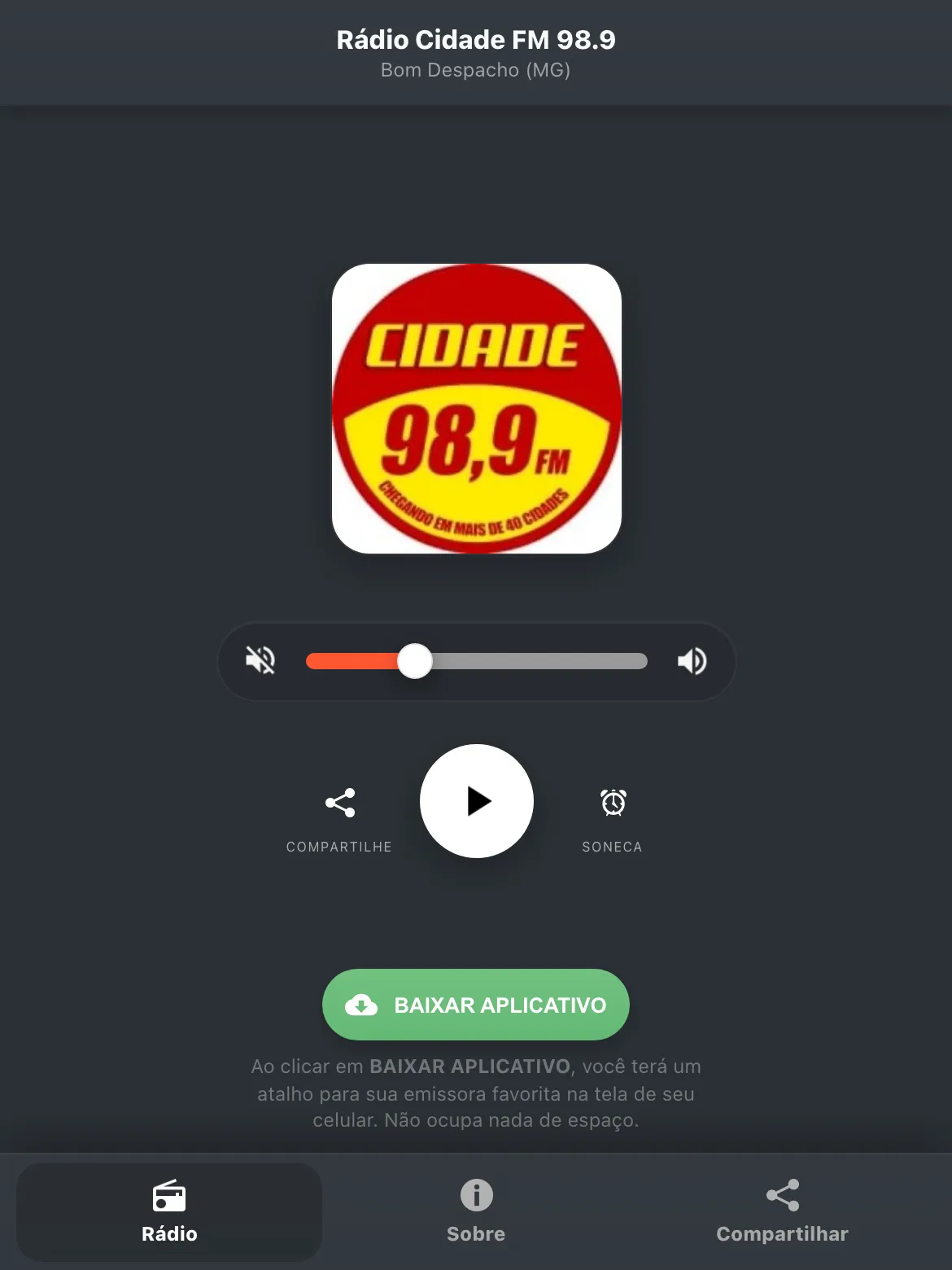 Screenshot do aplicativo da Rádio Cidade FM 98.9