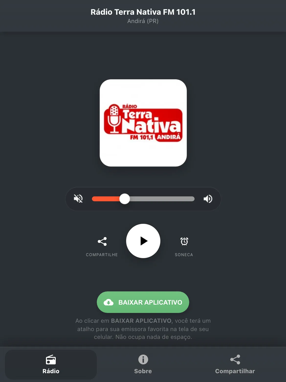 Screenshot do aplicativo da Rádio Terra Nativa FM 101.1