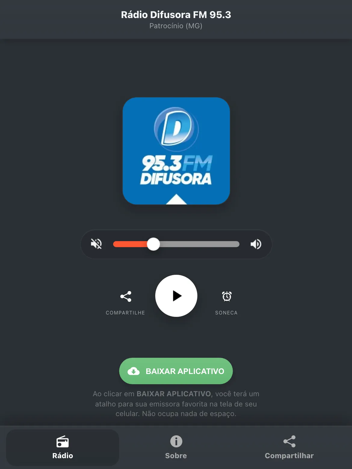 Screenshot do aplicativo da Rádio Difusora FM 95.3