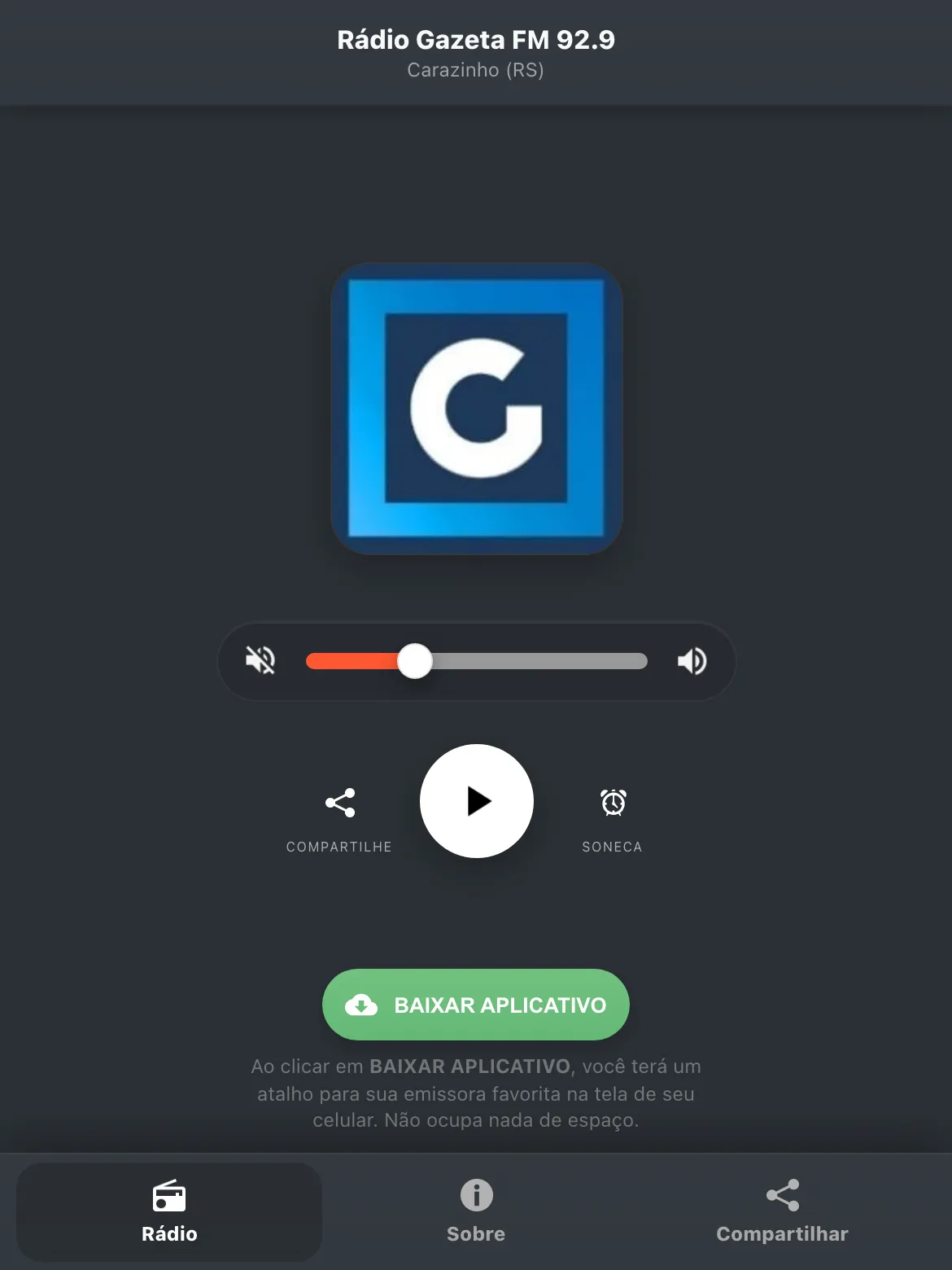 Screenshot do aplicativo da Rádio Gazeta FM 92.9