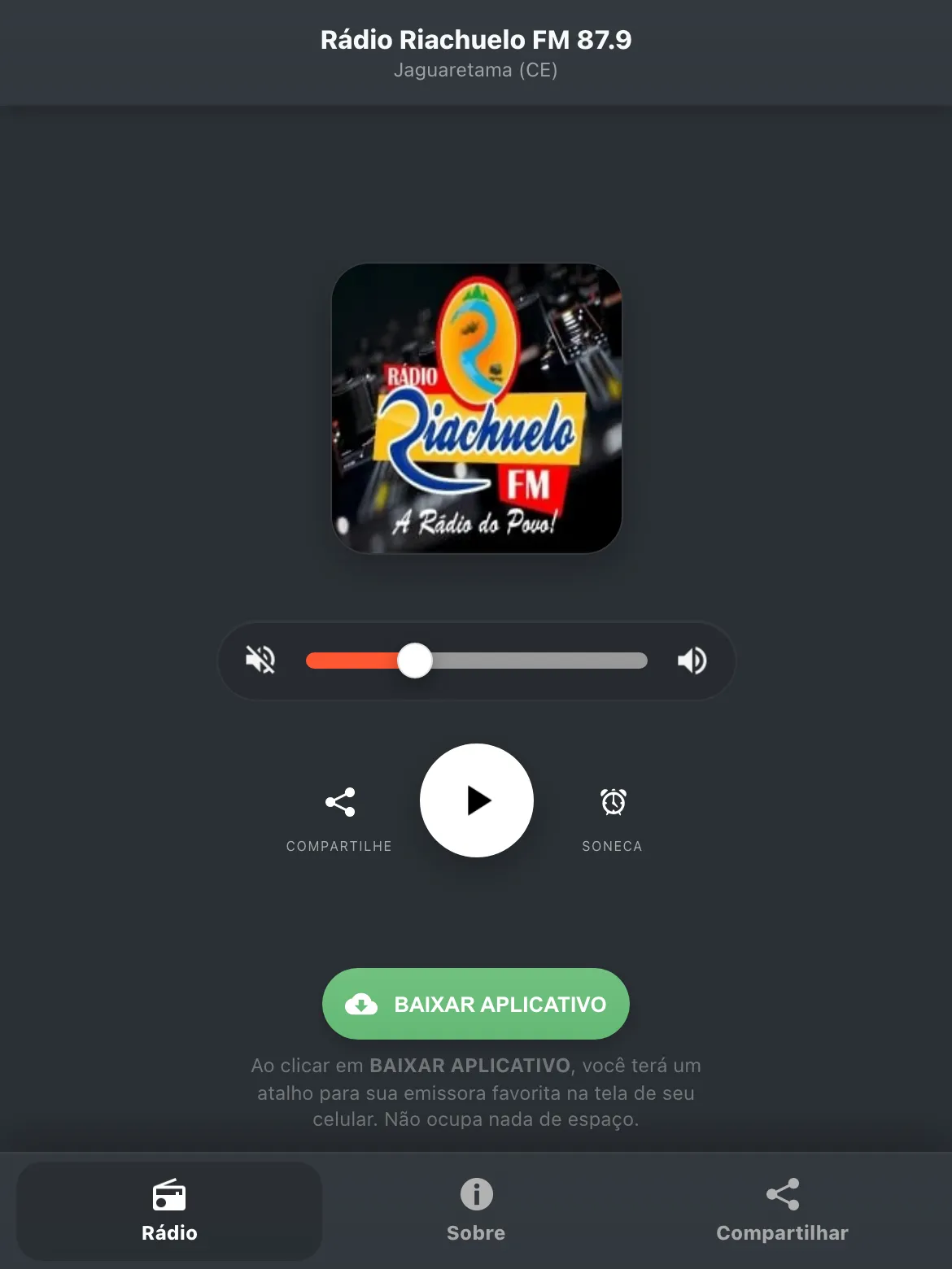 Screenshot do aplicativo da Rádio Riachuelo FM 87.9