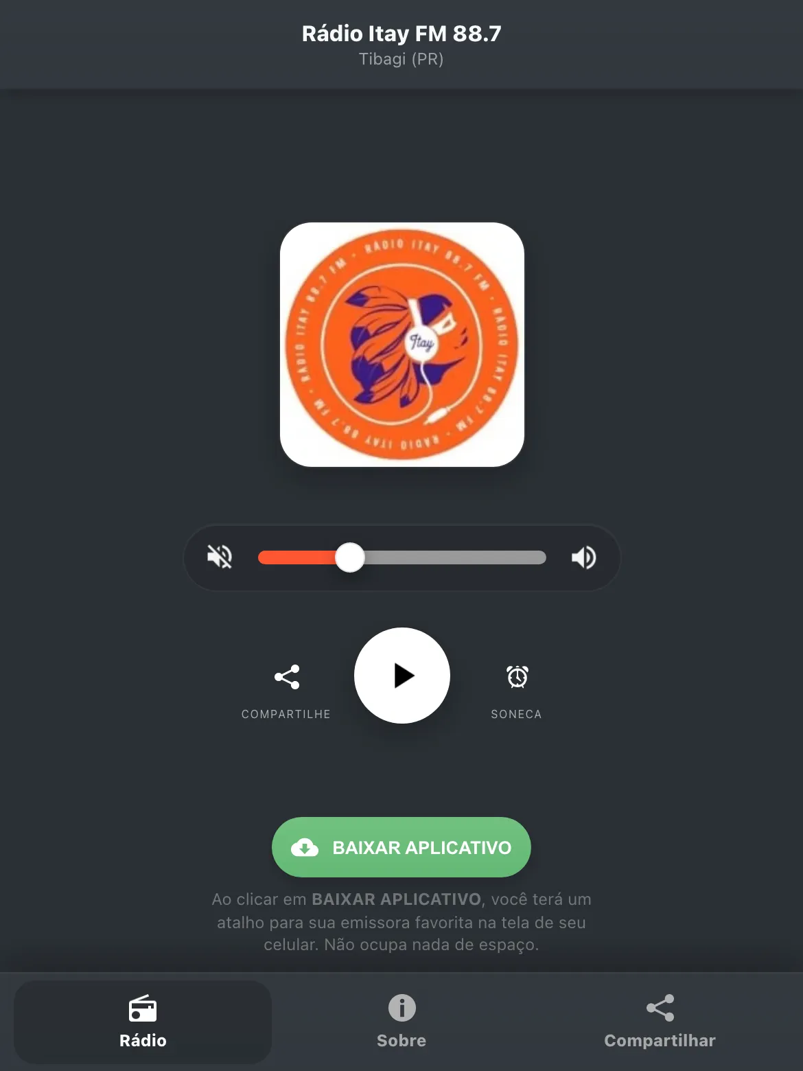 Screenshot do aplicativo da Rádio Itay FM 88.7