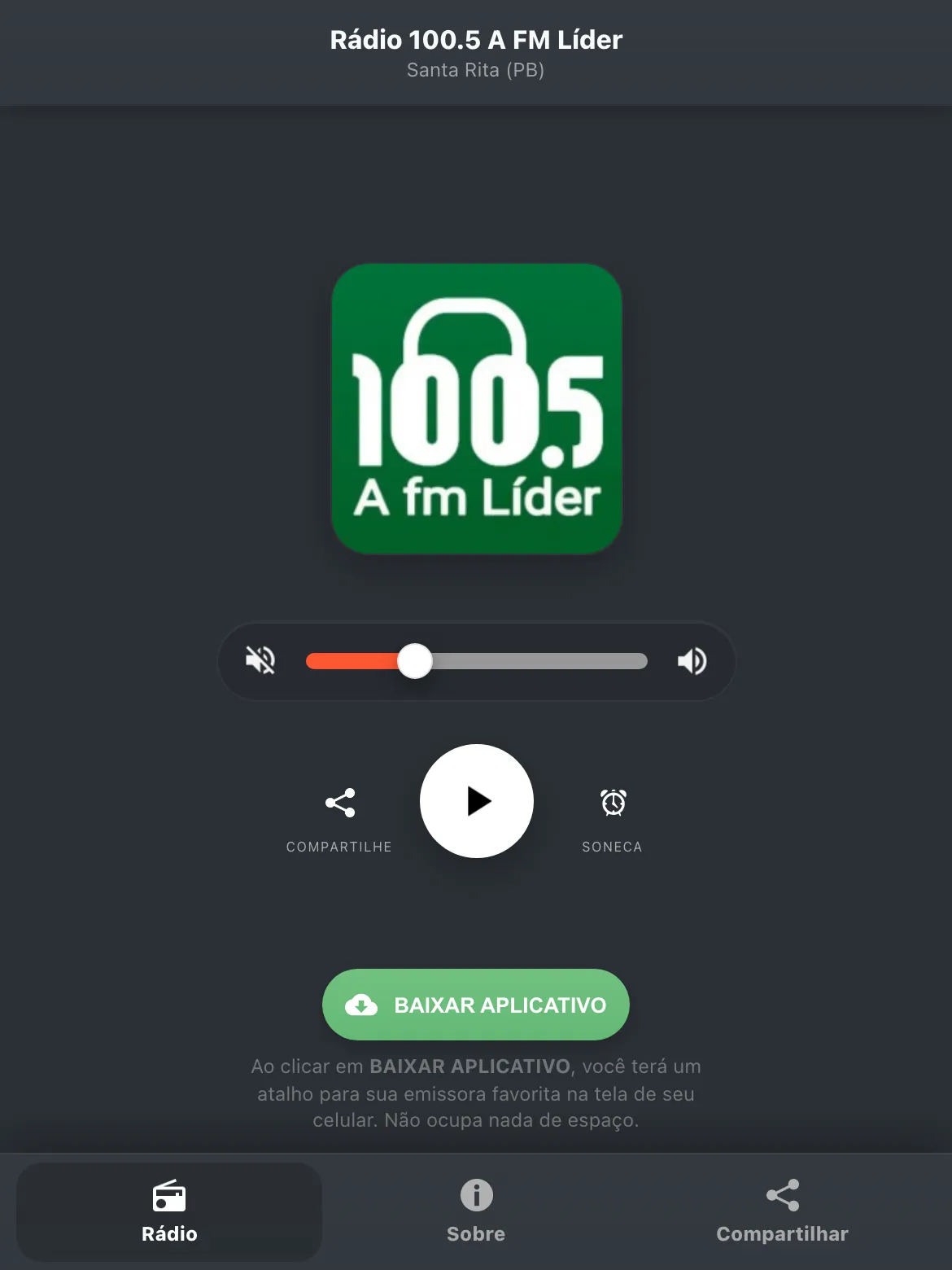 Screenshot do aplicativo da Rádio 100.5 A FM Líder