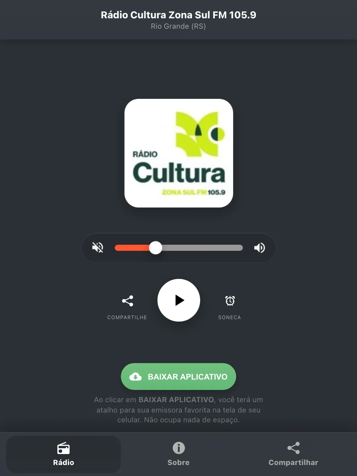 Screenshot do aplicativo da Rádio Cultura Zona Sul FM 105.9