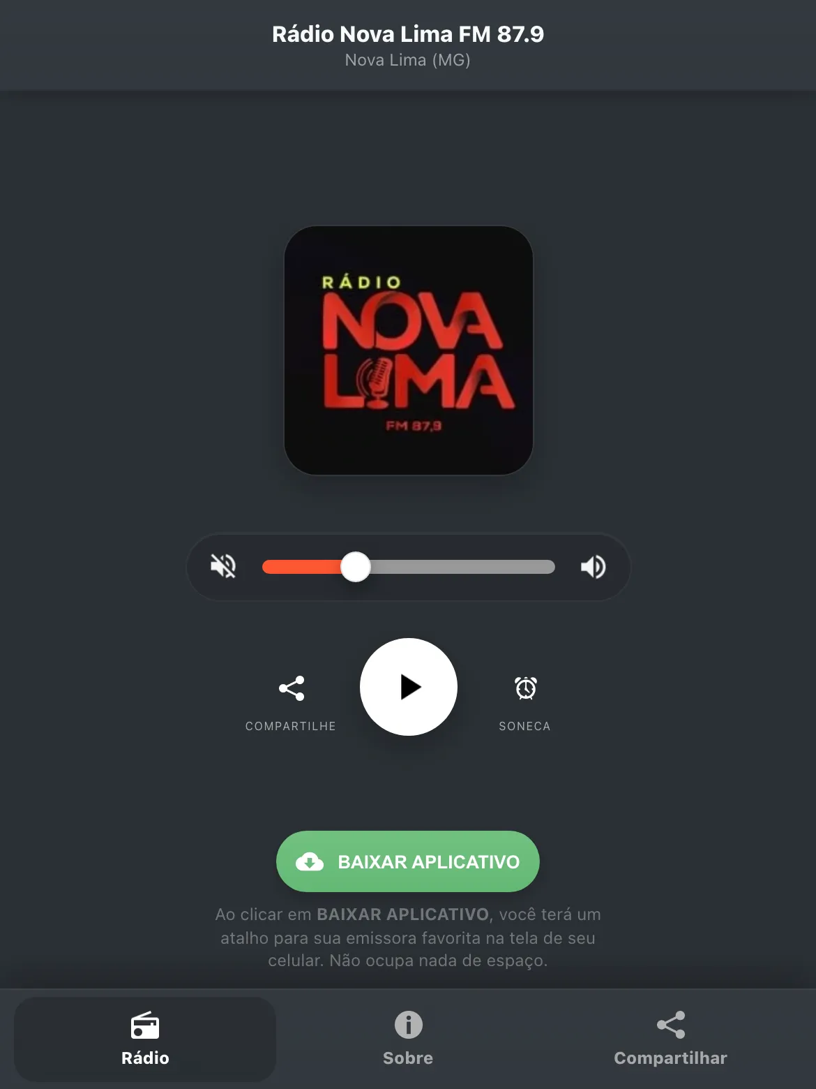Screenshot do aplicativo da Rádio Nova Lima FM 87.9