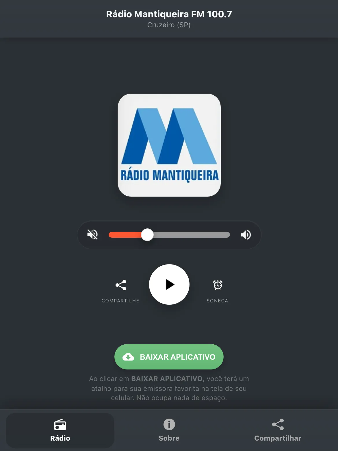 Screenshot do aplicativo da Rádio Mantiqueira FM 100.7