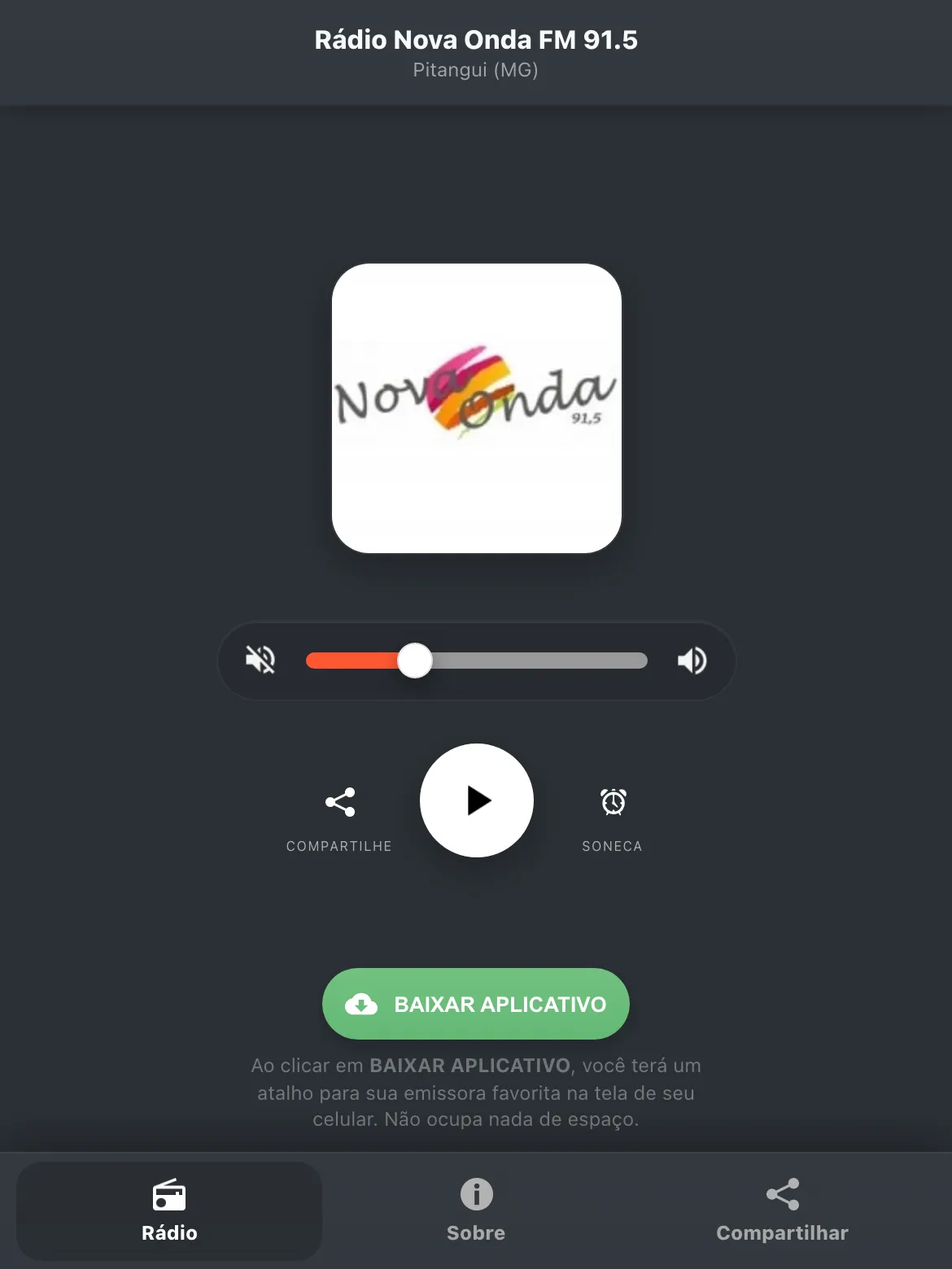 Screenshot do aplicativo da Rádio Nova Onda FM 91.5