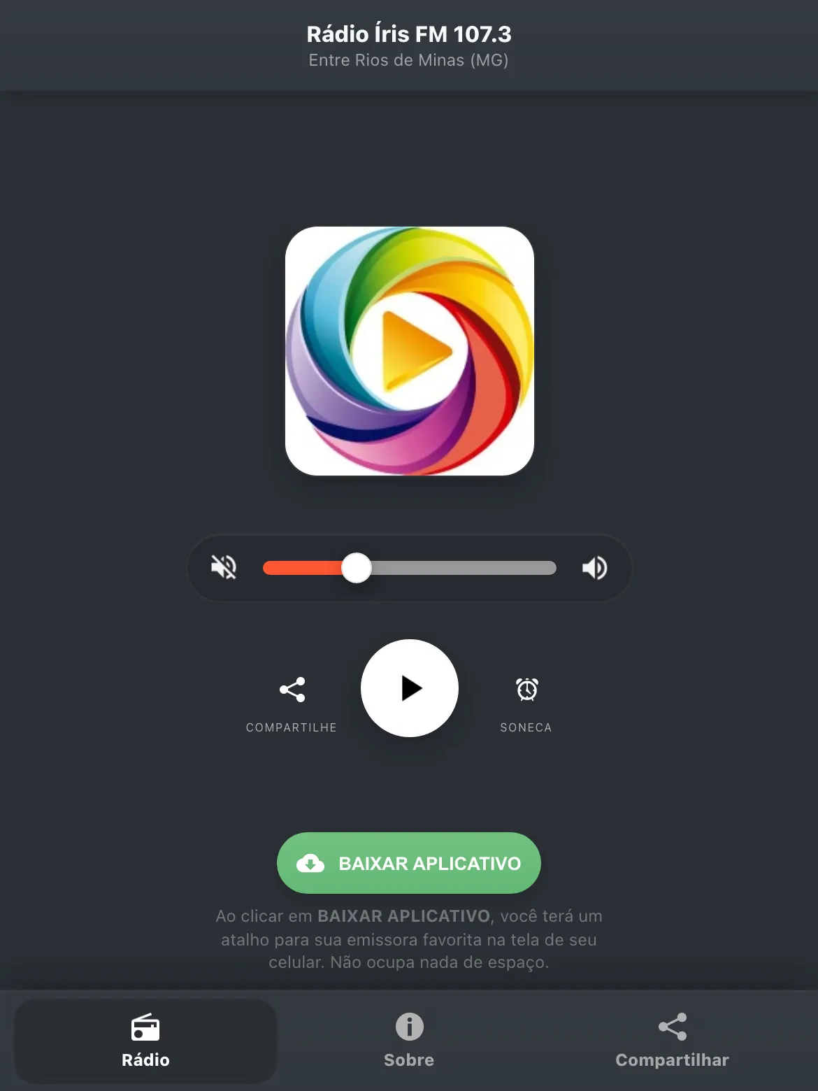 Screenshot do aplicativo da Rádio Íris FM 107.3