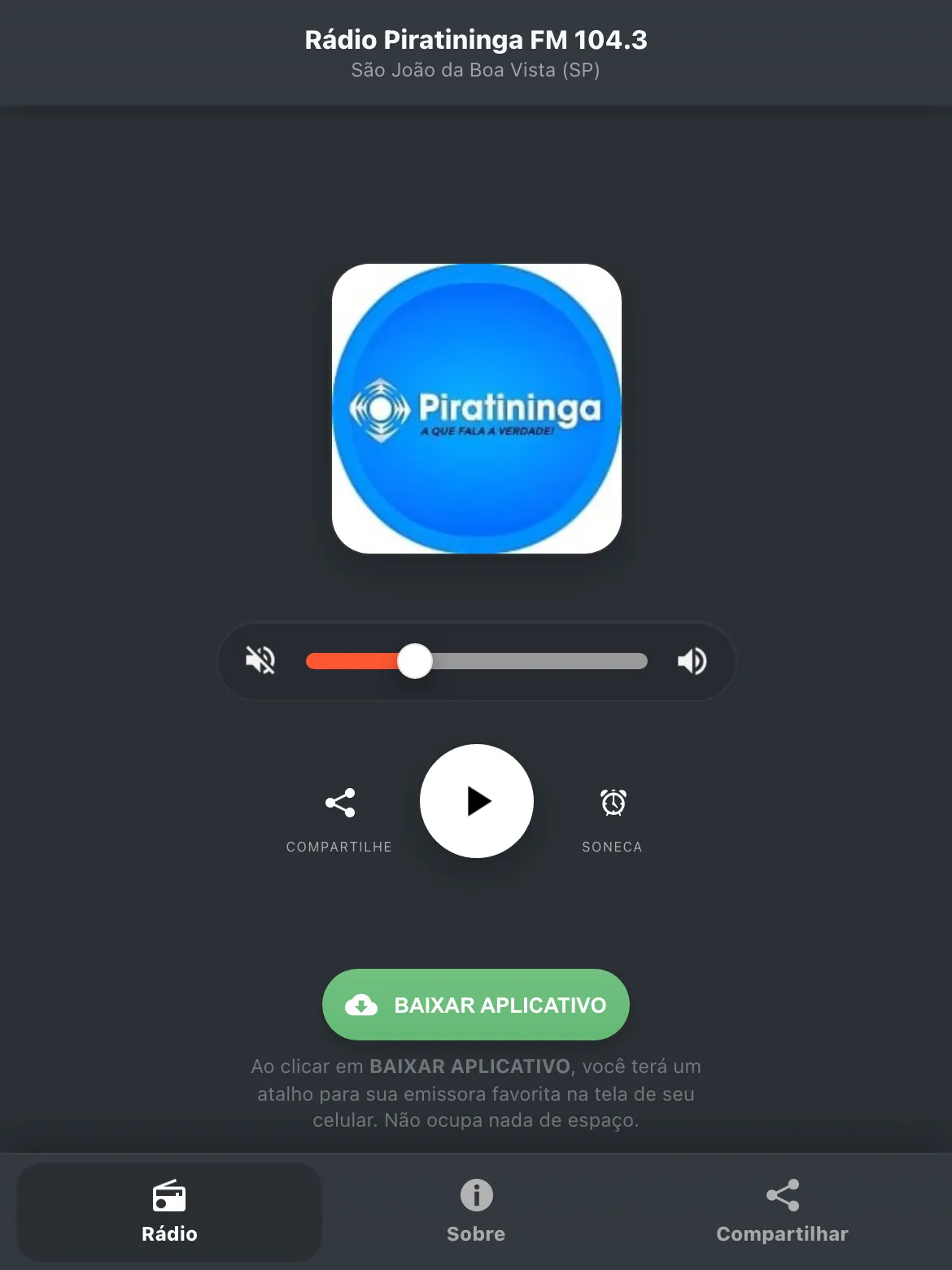 Screenshot do aplicativo da Rádio Piratininga FM 104.3