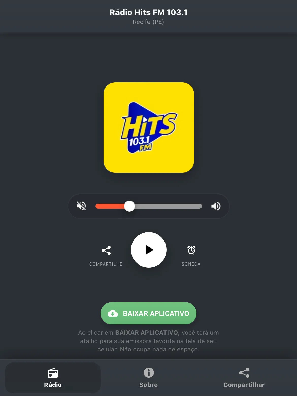 Screenshot do aplicativo da Rádio Hits FM 103.1
