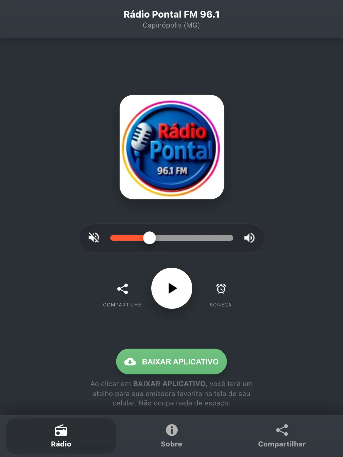Screenshot do aplicativo da Rádio Pontal FM 96.1
