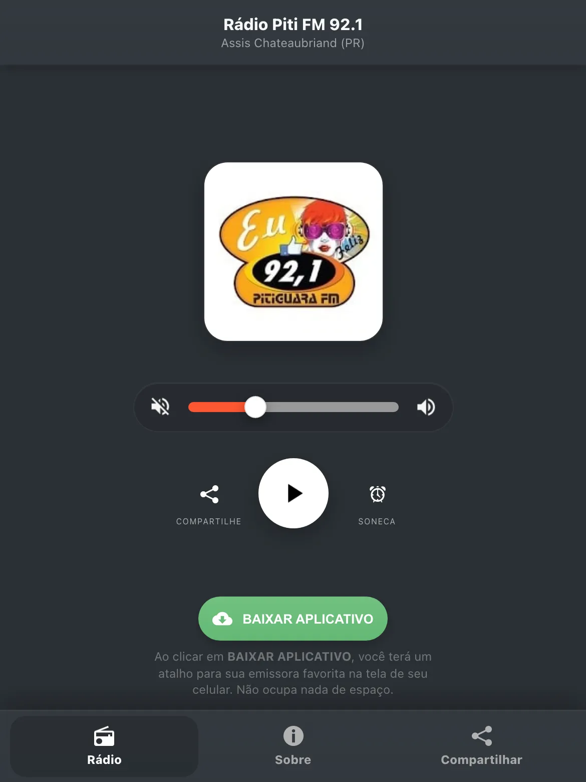 Screenshot do aplicativo da Rádio Piti FM 92.1