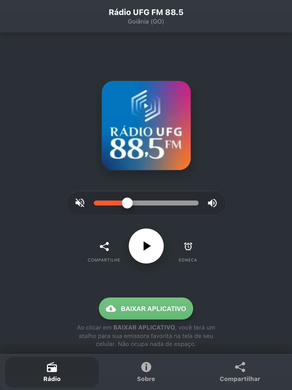 Screenshot do aplicativo da Rádio UFG FM 88.5