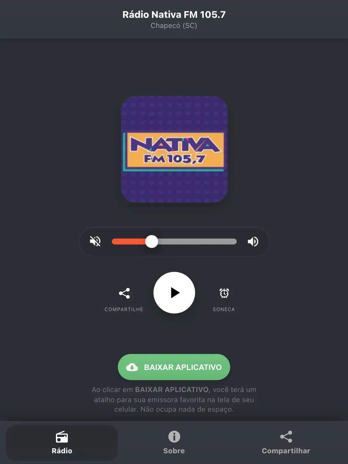 Screenshot do aplicativo da Rádio Nativa FM 105.7