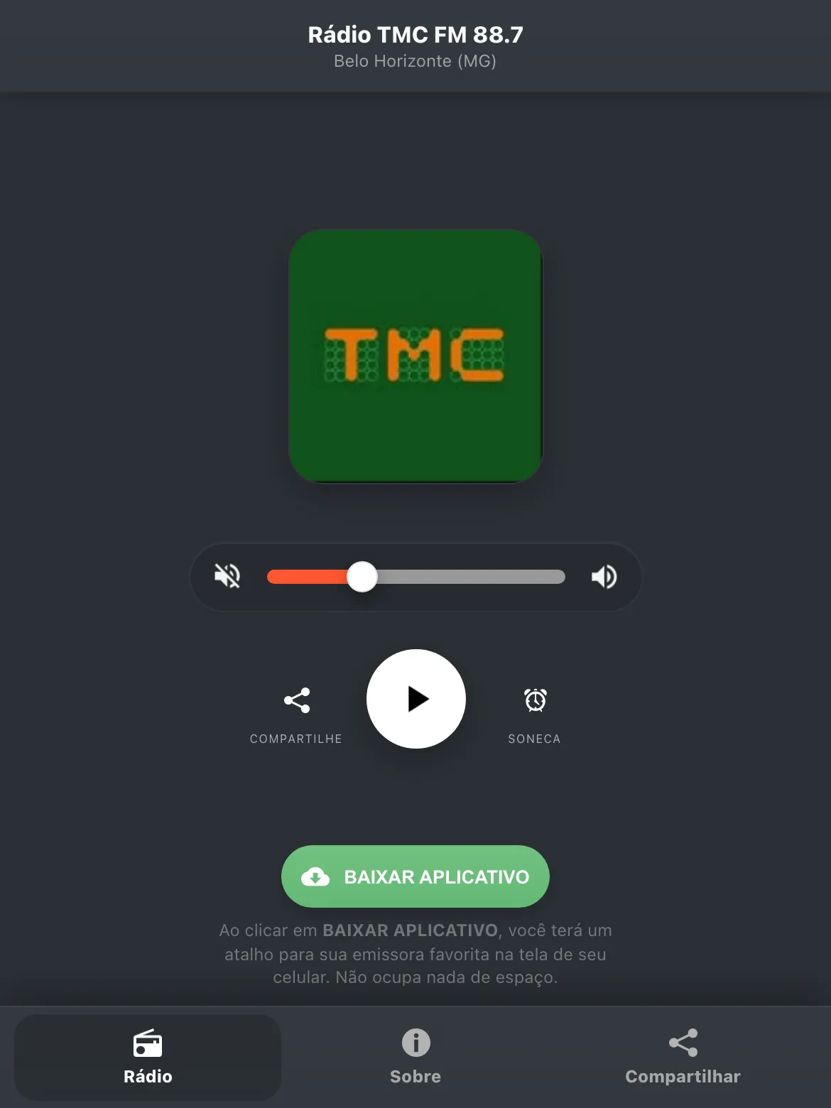 Screenshot do aplicativo da Rádio TMC FM 88.7