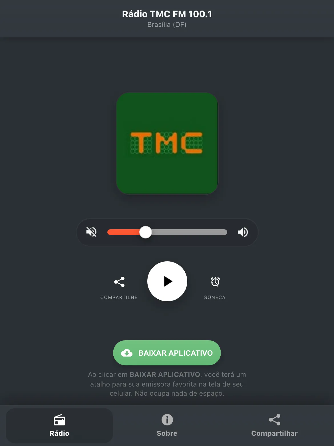 Screenshot do aplicativo da Rádio TMC FM 100.1