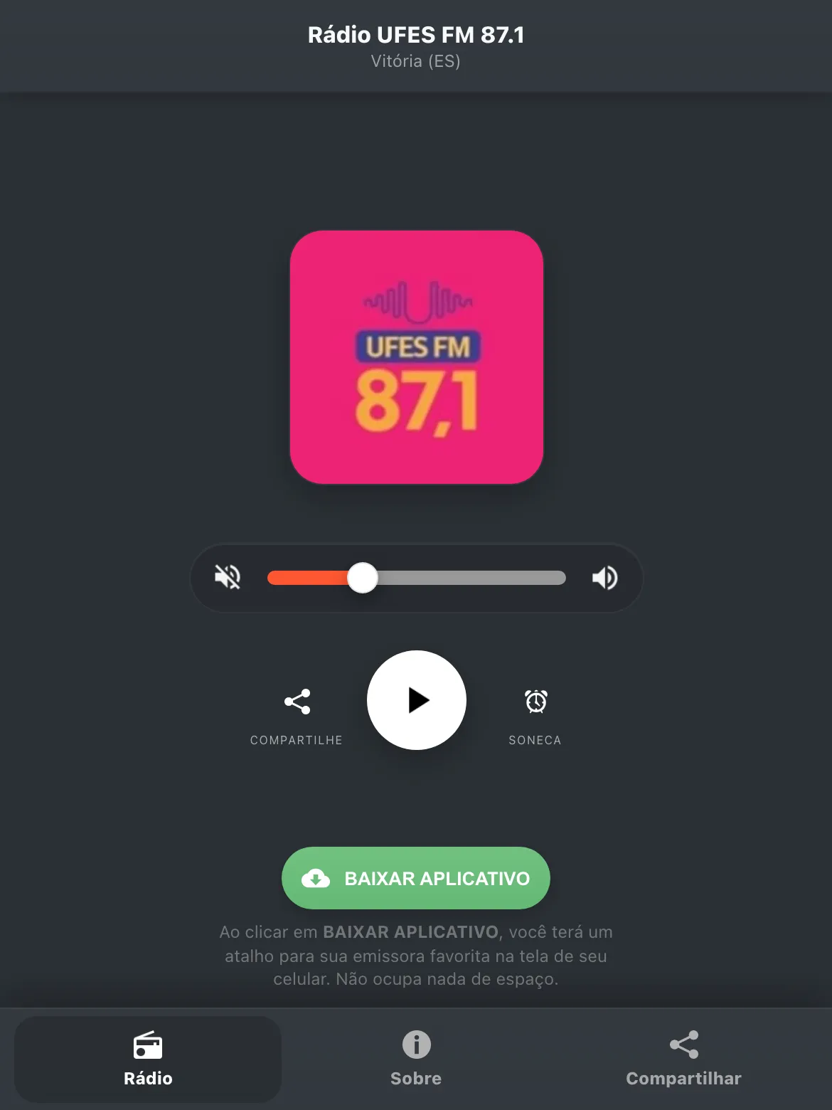 Screenshot do aplicativo da Rádio UFES FM 87.1