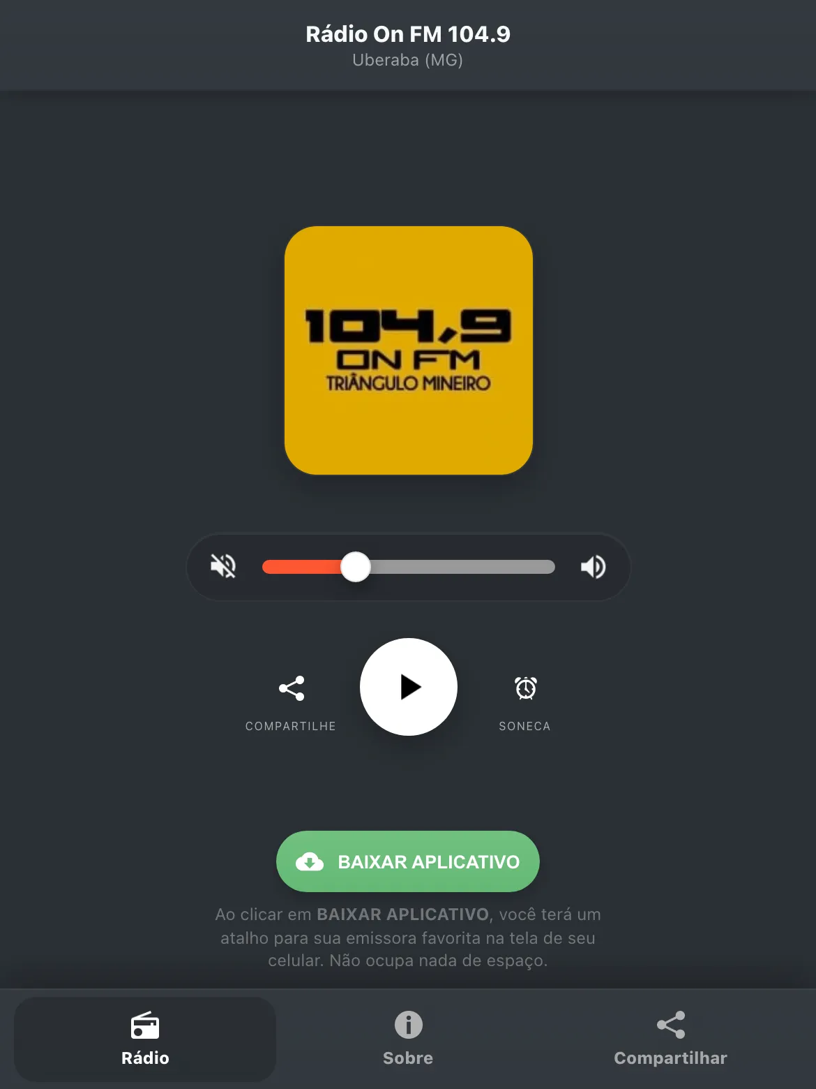 Screenshot do aplicativo da Rádio On FM 104.9