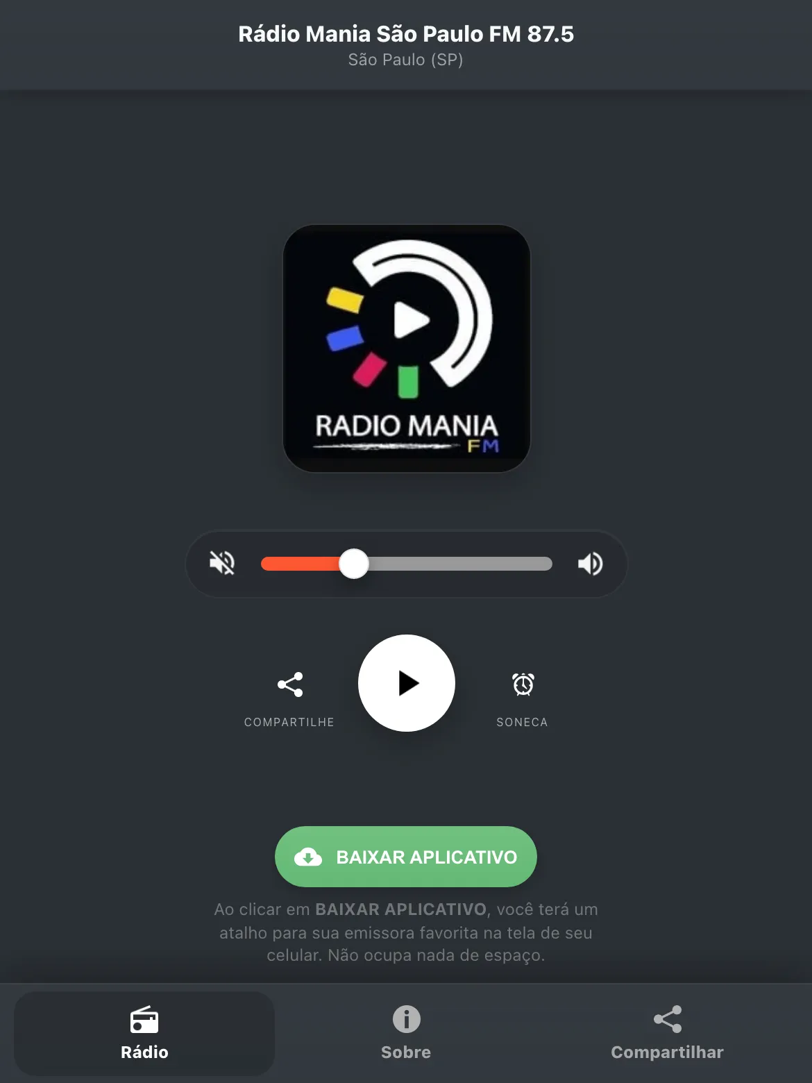 Screenshot do aplicativo da Rádio Mania São Paulo FM 87.5