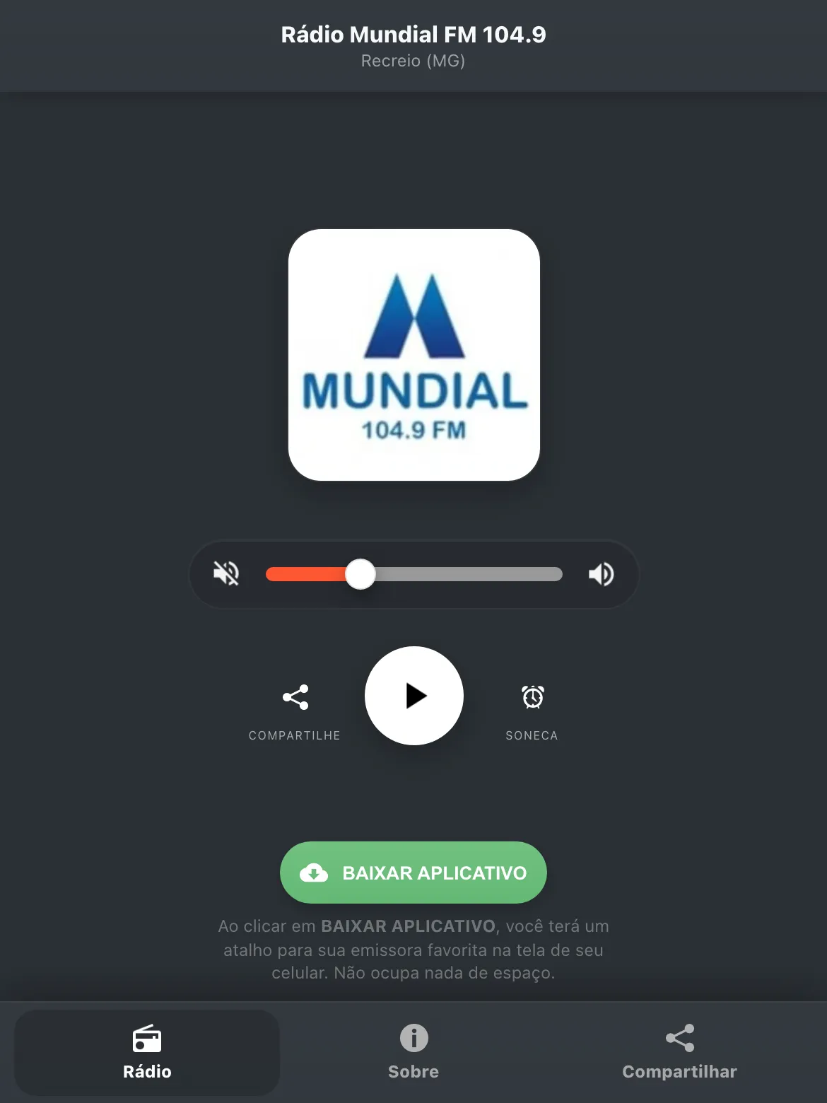 Screenshot do aplicativo da Rádio Mundial FM 104.9