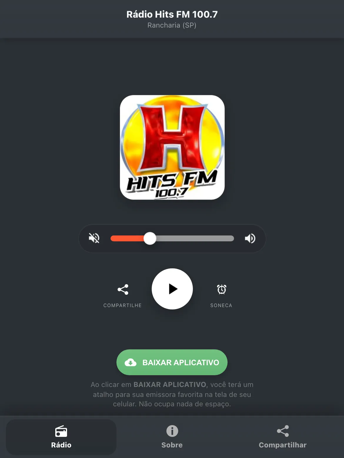 Screenshot do aplicativo da Rádio Hits FM 100.7