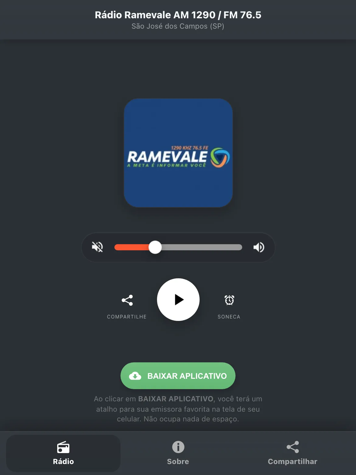 Screenshot do aplicativo da Rádio Ramevale AM 1290 / FM 76.5