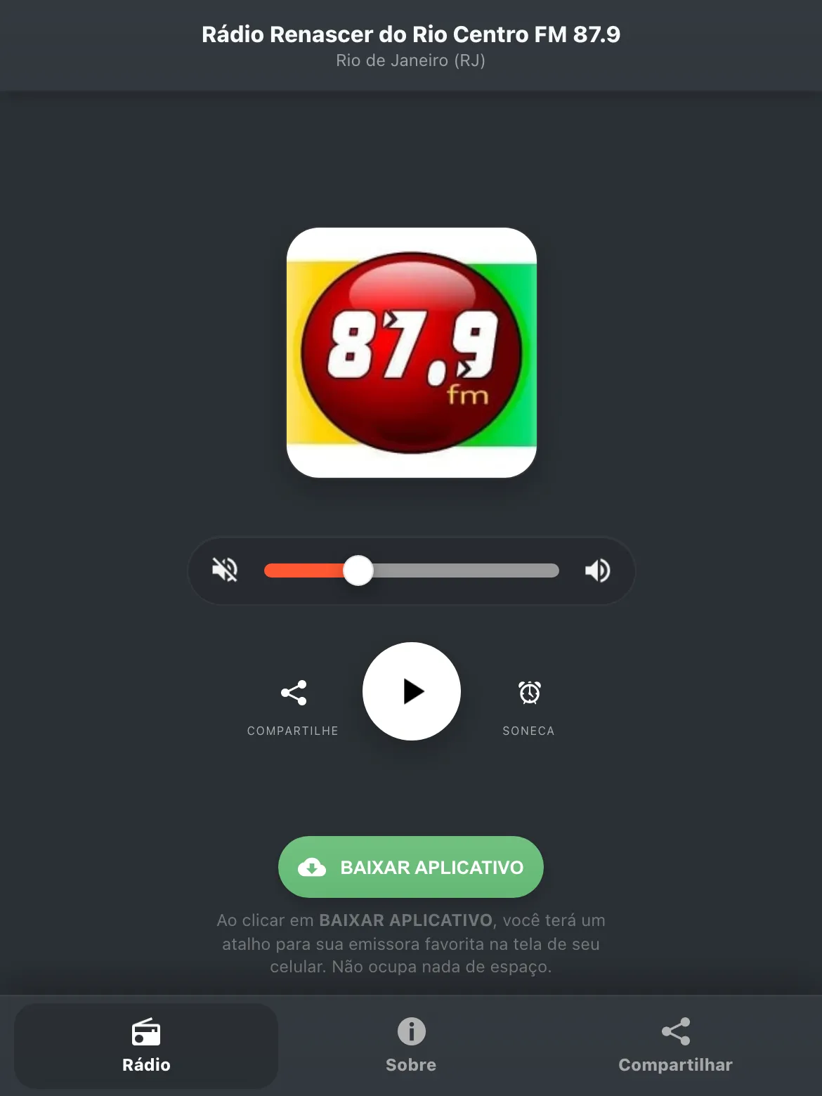 Screenshot do aplicativo da Rádio Renascer do Rio Centro FM 87.9