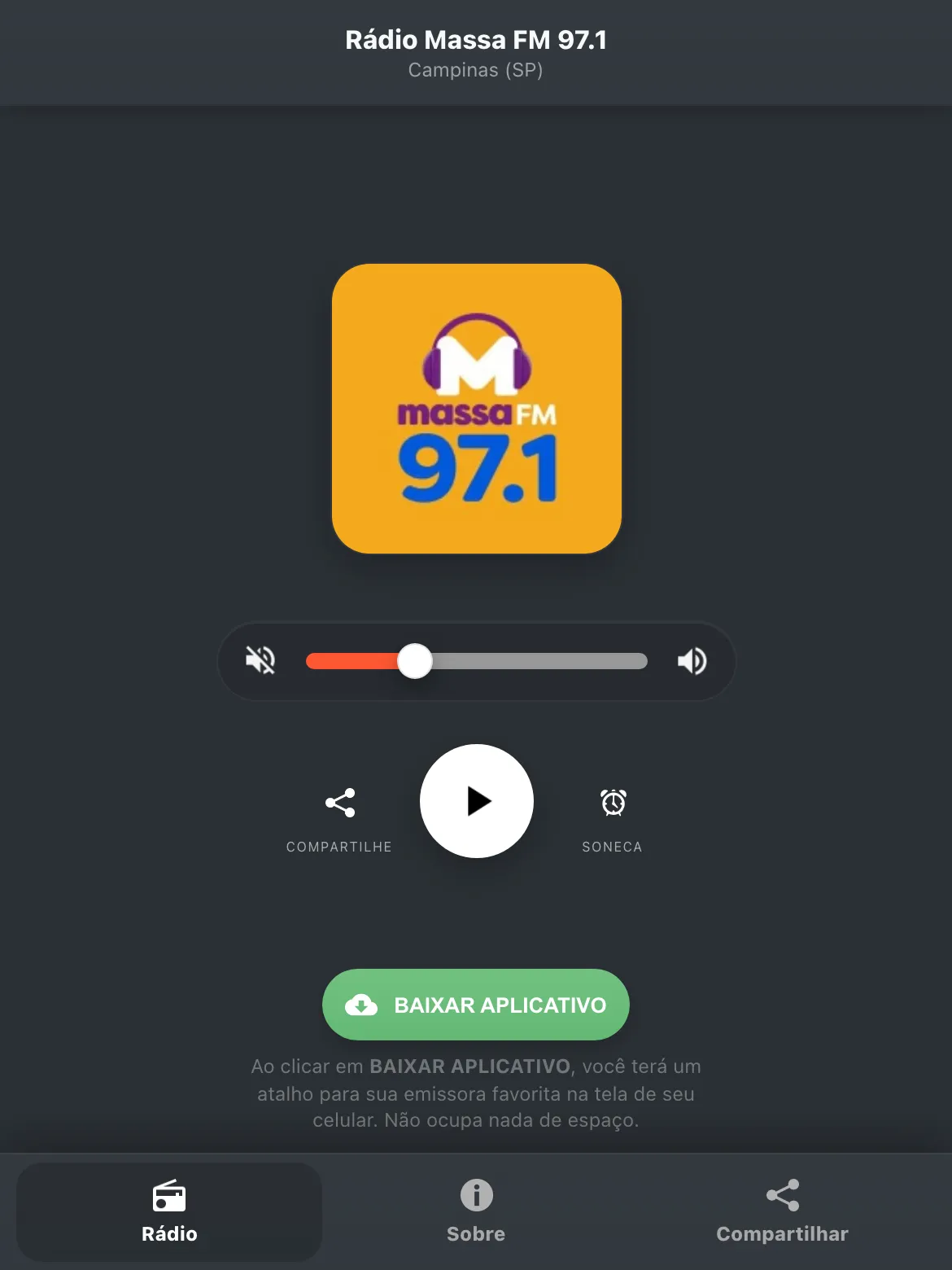Screenshot do aplicativo da Rádio Massa FM 97.1