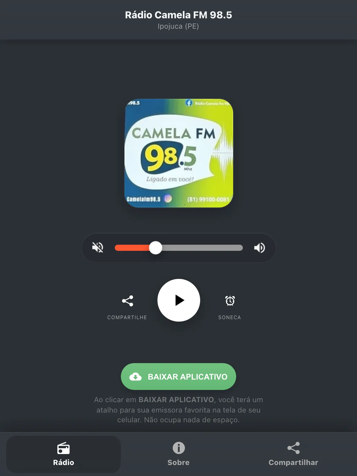 Screenshot do aplicativo da Rádio Camela FM 98.5