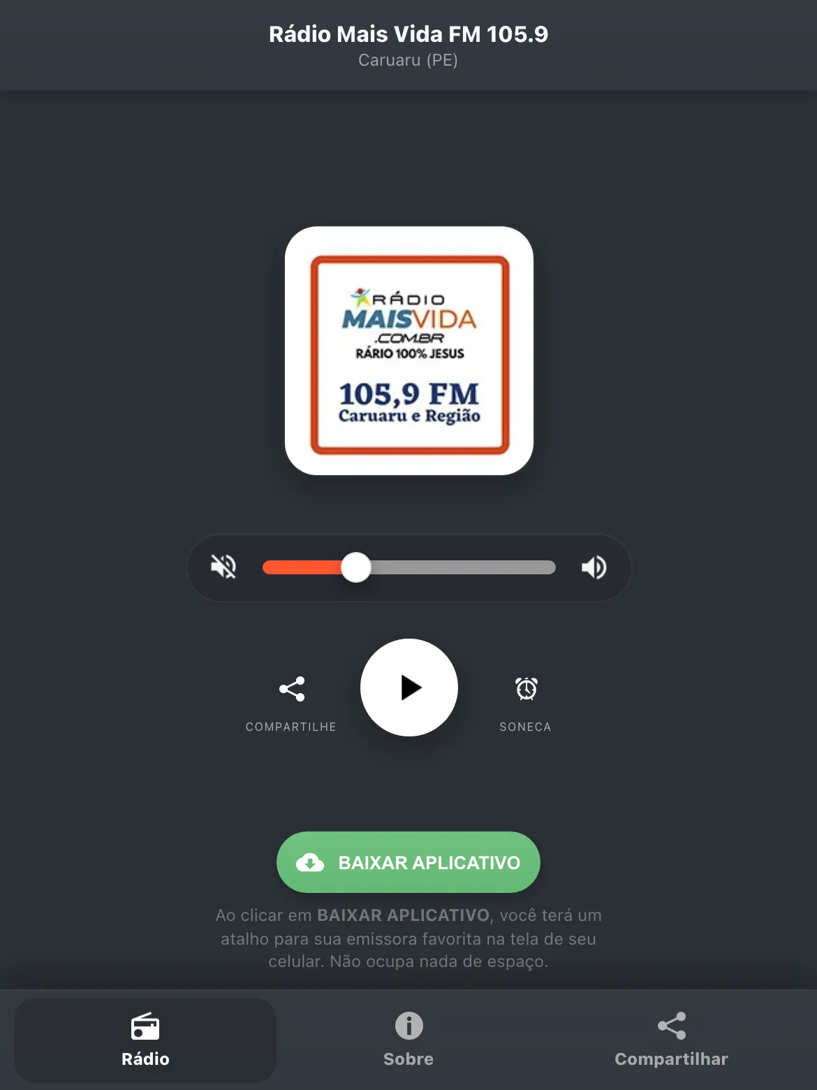 Screenshot do aplicativo da Rádio Mais Vida FM 105.9