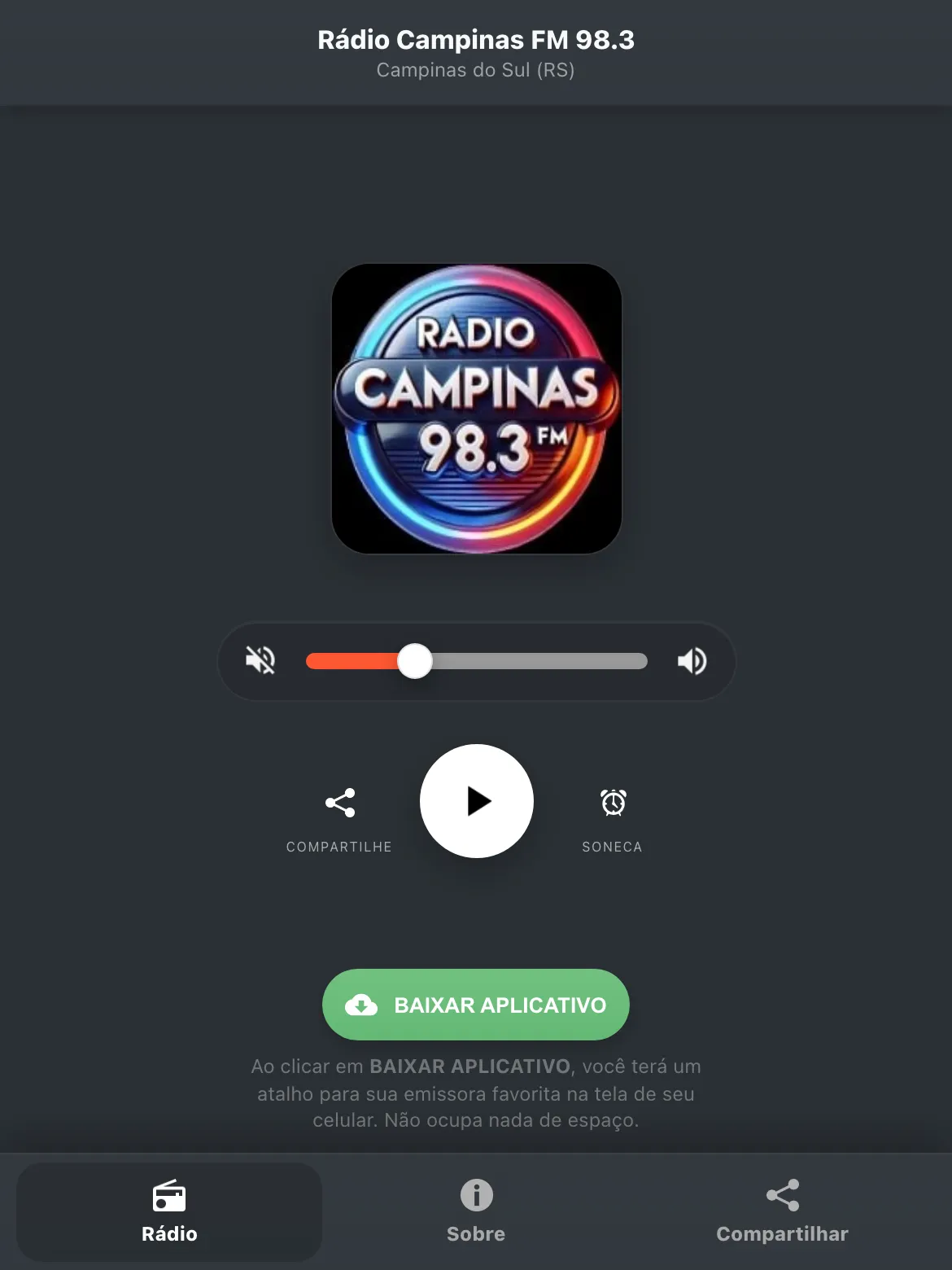 Screenshot do aplicativo da Rádio Campinas FM 98.3