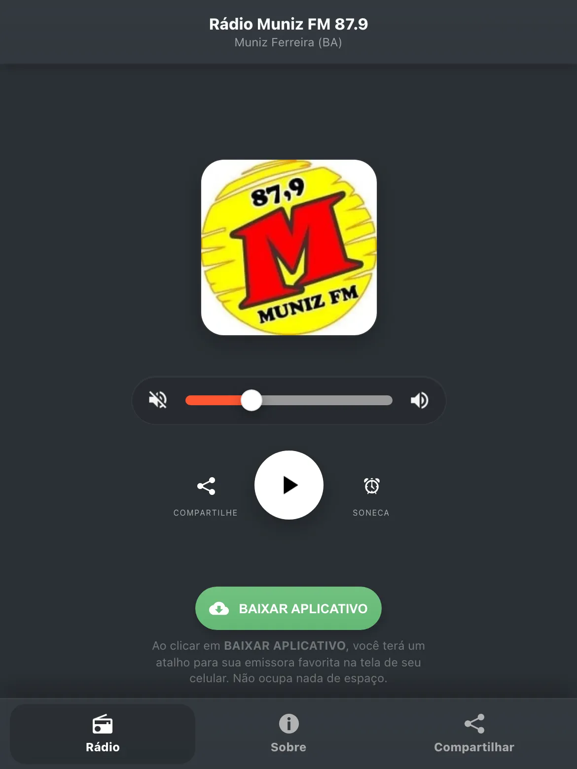 Screenshot do aplicativo da Rádio Muniz FM 87.9