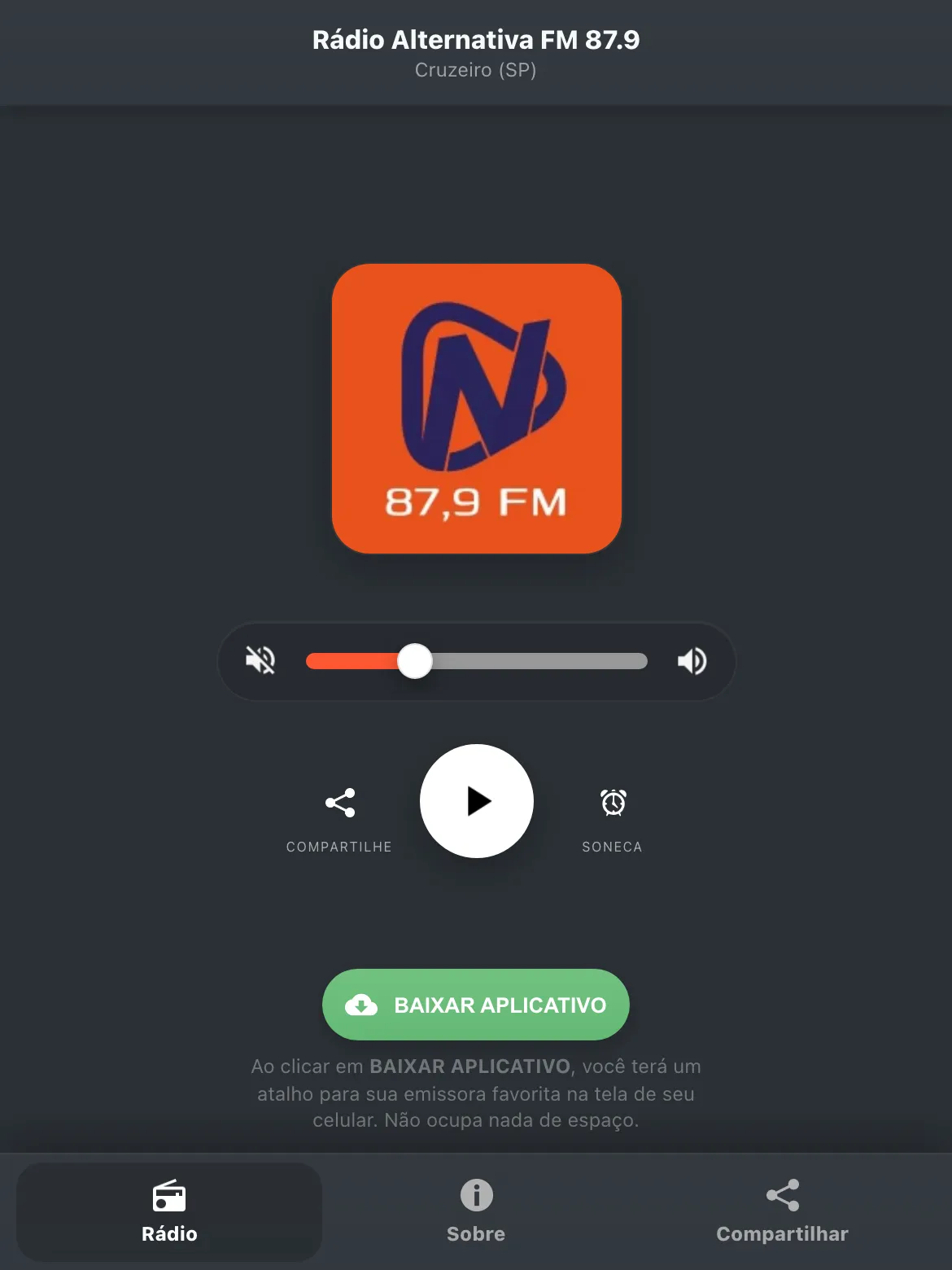 Screenshot do aplicativo da Rádio Alternativa FM 87.9