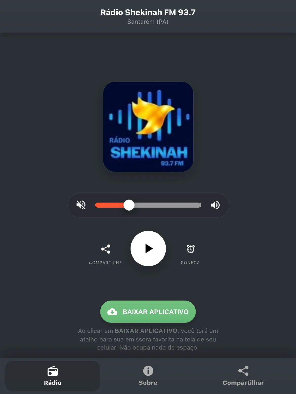 Screenshot do aplicativo da Rádio Shekinah FM 93.7