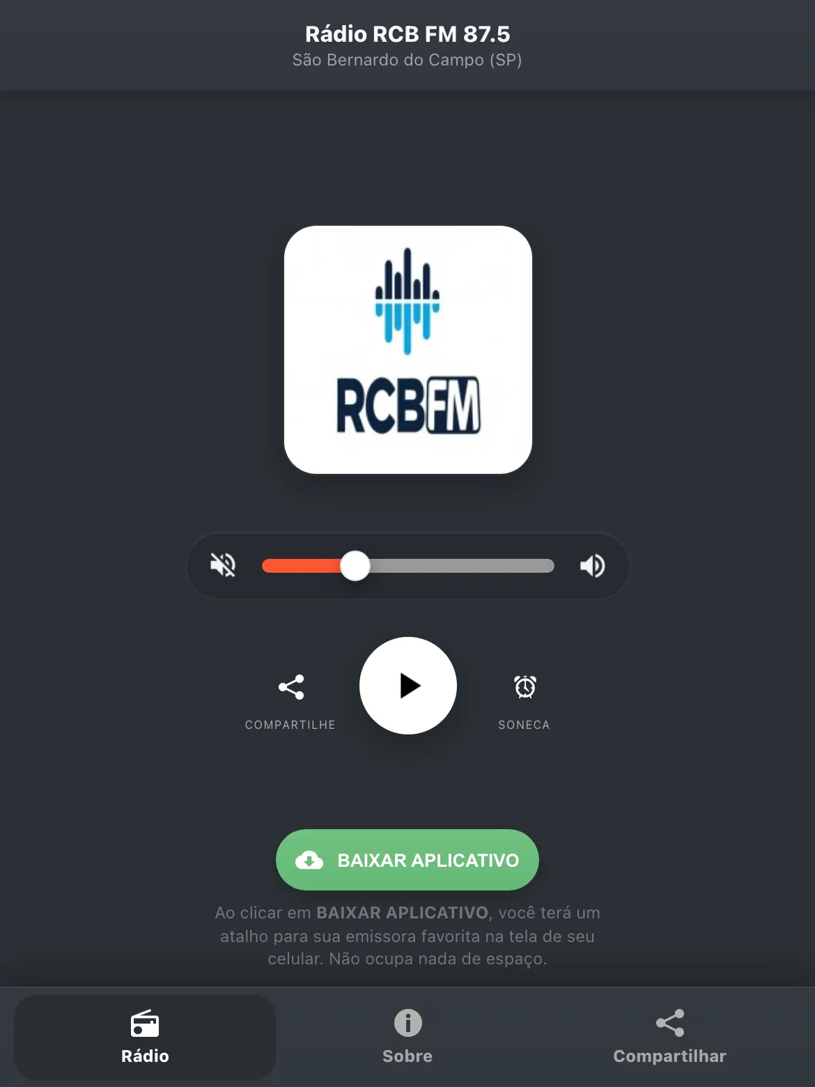 Screenshot do aplicativo da Rádio RCB FM 87.5