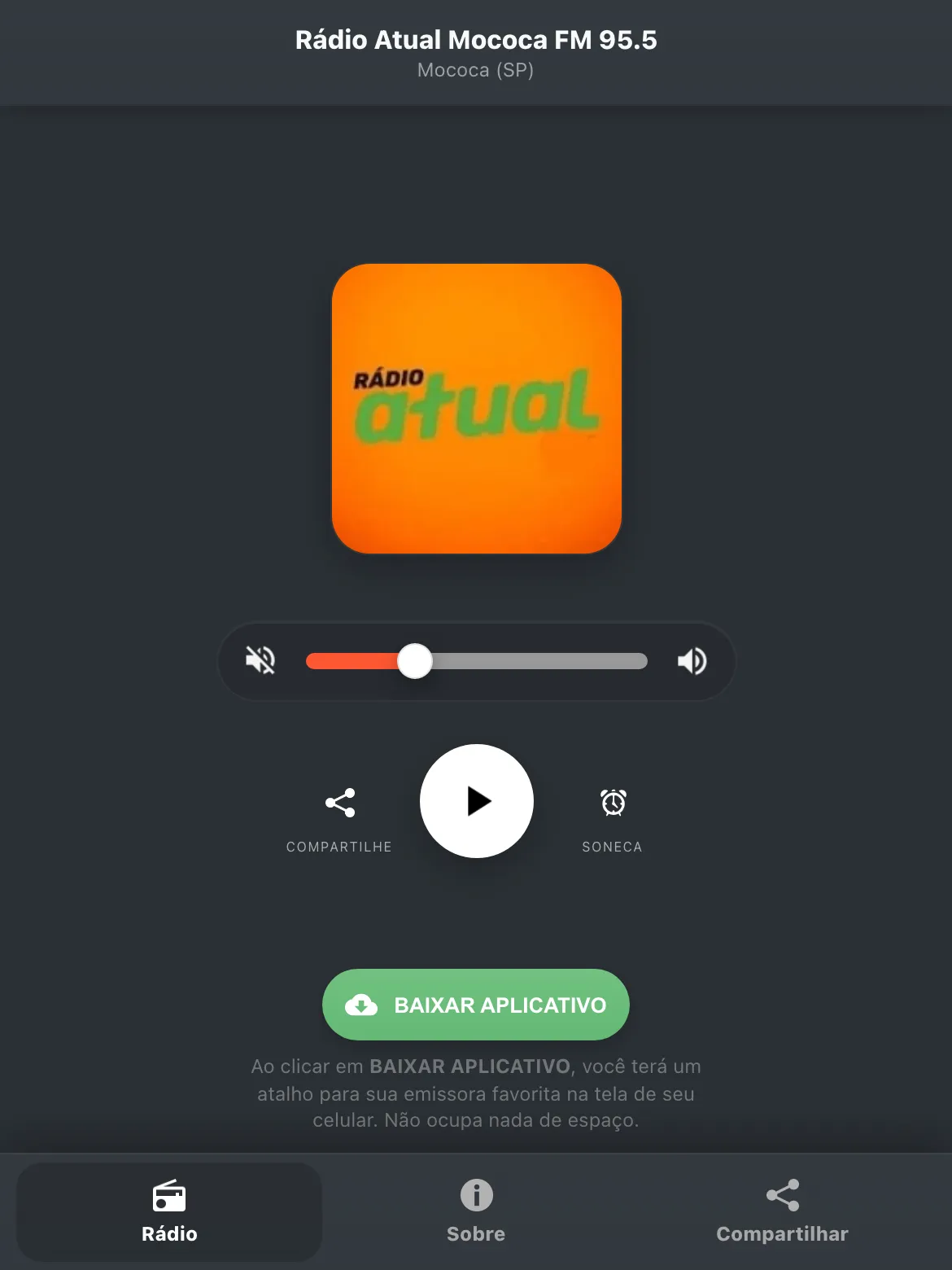 Screenshot do aplicativo da Rádio Atual Mococa FM 95.5