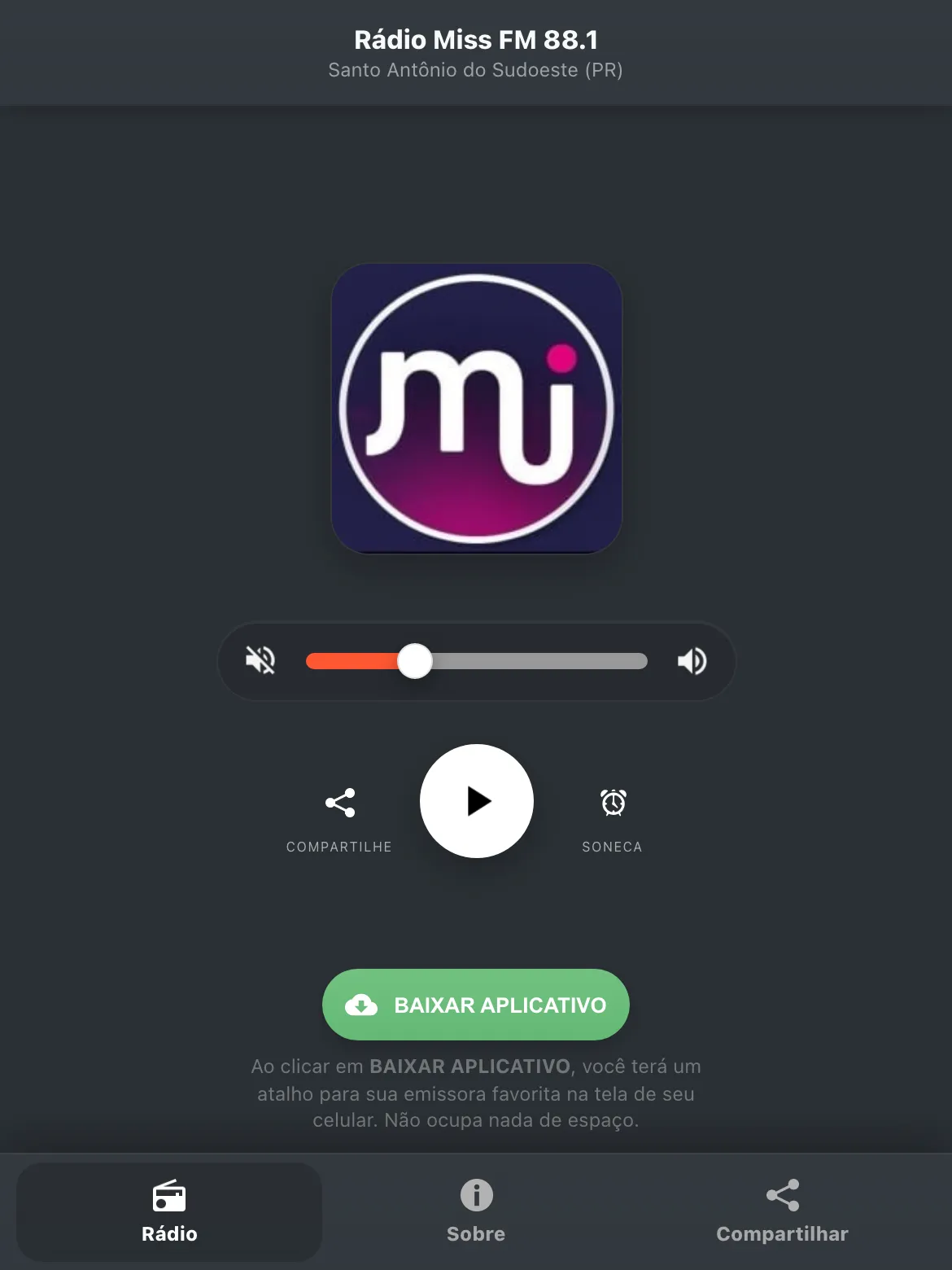 Screenshot do aplicativo da Rádio Miss FM 88.1