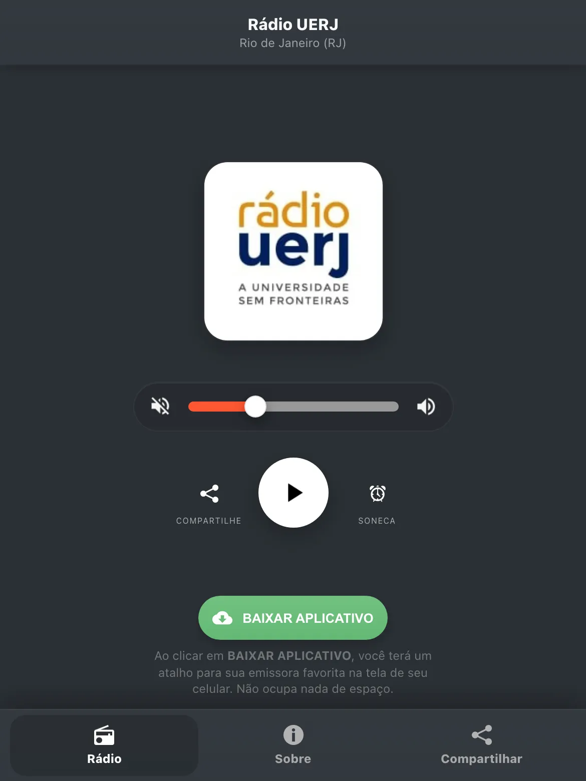 Screenshot do aplicativo da Rádio UERJ