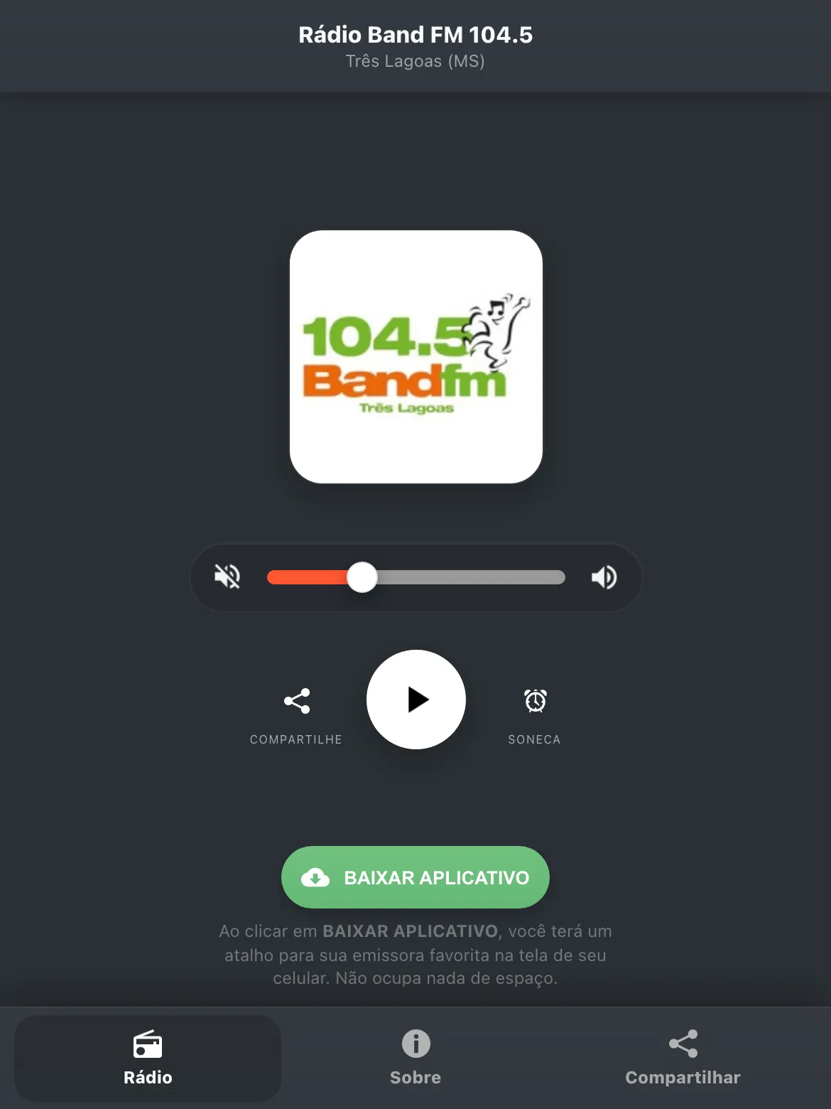Screenshot do aplicativo da Rádio Band FM 104.5