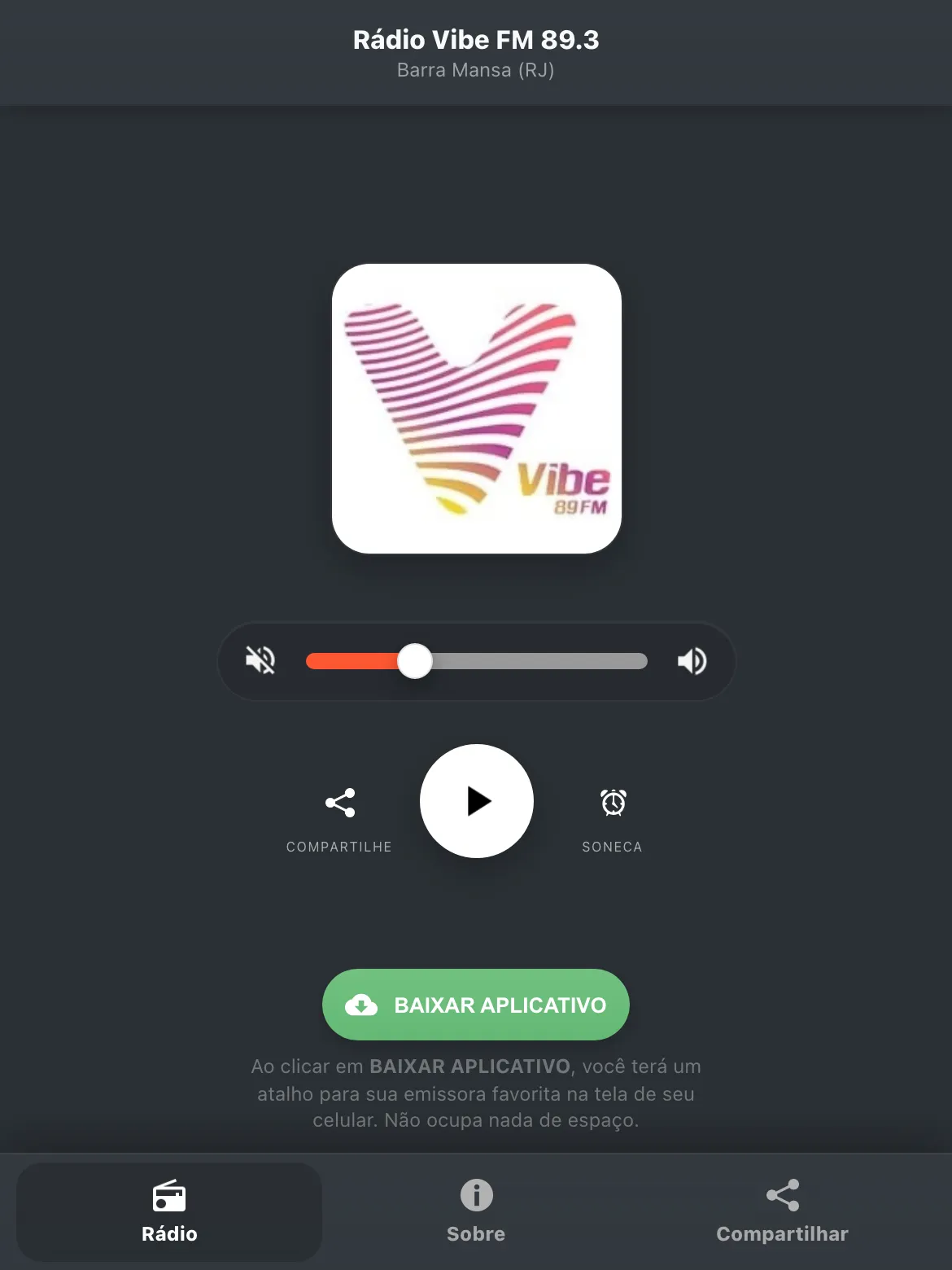 Screenshot do aplicativo da Rádio Vibe FM 89.3