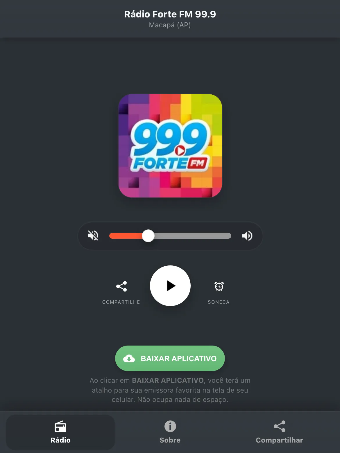 Screenshot do aplicativo da Rádio Forte FM 99.9