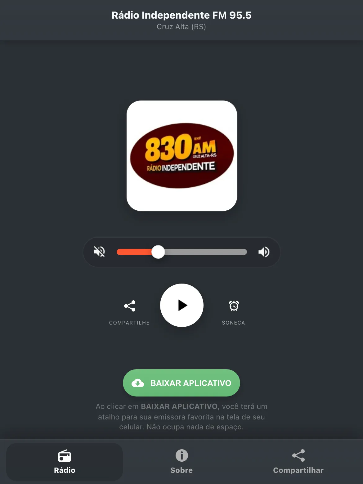 Screenshot do aplicativo da Rádio Independente FM 95.5