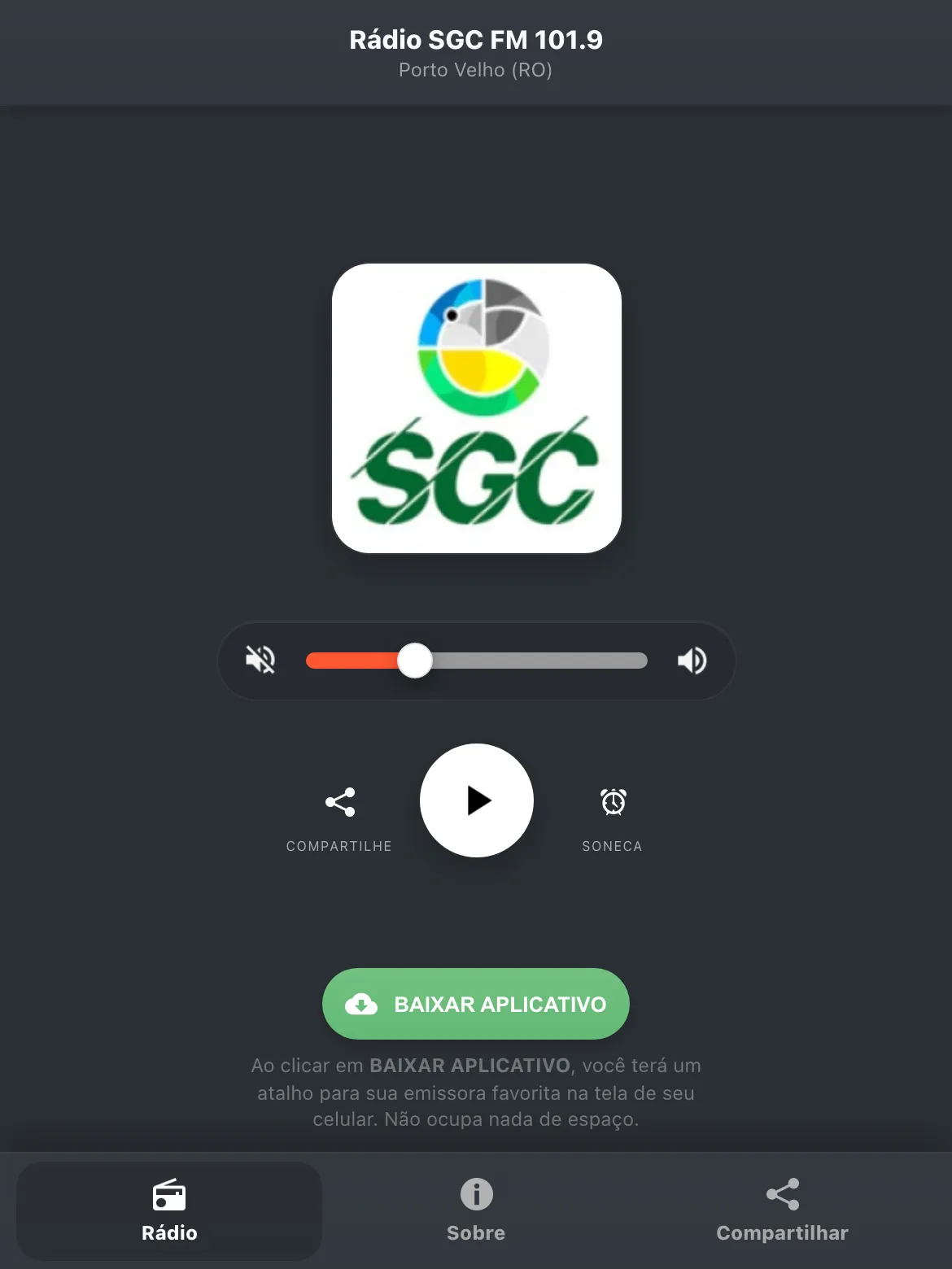 Screenshot do aplicativo da Rádio SGC FM 101.9