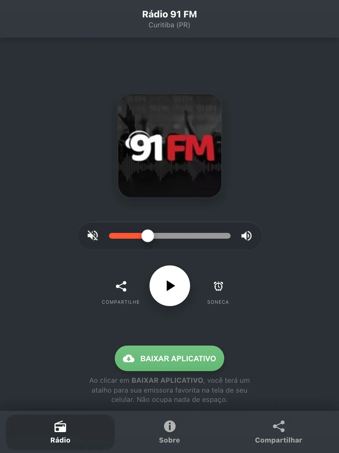 Screenshot do aplicativo da Rádio 91 FM