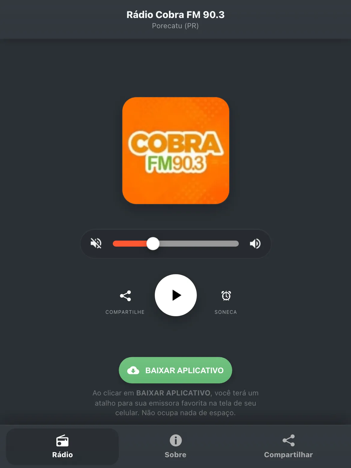 Screenshot do aplicativo da Rádio Cobra FM 90.3