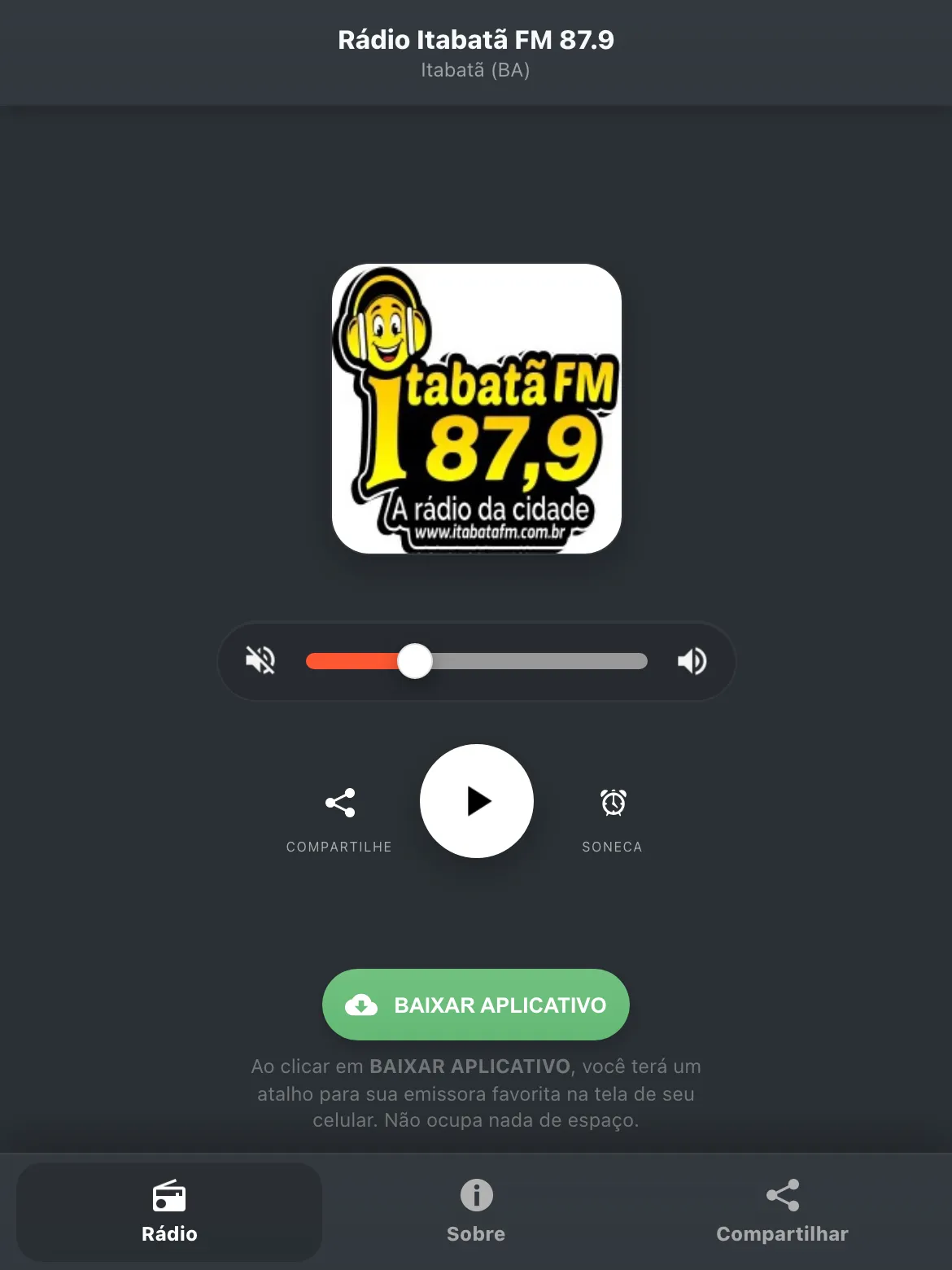 Screenshot do aplicativo da Rádio Itabatã FM 87.9