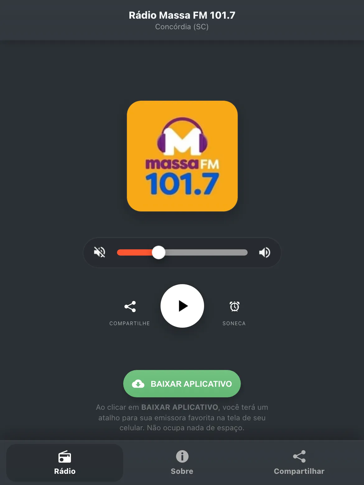 Screenshot do aplicativo da Rádio Massa FM 101.7
